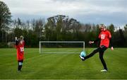 3 May 2021; Rian Harrison, age 9, from Dundrum, Co Dublin with Republic of Ireland WNT and Peamount United player Stephanie Roche at Peamount United in Dublin. Photo by David Fitzgerald/Sportsfile