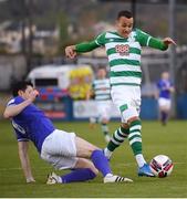 30 April 2021; Graham Burke of Shamrock Rovers is tackled by Johnny Dunleavy of Finn Harps during the SSE Airtricity League Premier Division match between Finn Harps and Shamrock Rovers at Finn Park in Ballybofey, Donegal. Photo by Stephen McCarthy/Sportsfile