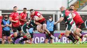 30 April 2021; Rob Herring of Ulster is tackled by George Martin of Leicester Tigers during the Heineken Challenge Cup semi-final match between Leicester Tigers and Ulster at Welford Road in Leicester, England. Photo by Matt Impey/Sportsfile