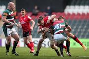 30 April 2021; Stuart McCloskey of Ulster is tackled by Calum Green and Guy Porter of Leicester Tigers during the Heineken Challenge Cup semi-final match between Leicester Tigers and Ulster at Welford Road in Leicester, England. Photo by Matt Impey/Sportsfile