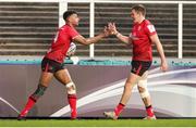 30 April 2021; Robert Baloucoune of Ulster, left, celebrates with teammate Jacob Stockdale after scoring a try, which was subsequently disallowed, during the Heineken Challenge Cup semi-final match between Leicester Tigers and Ulster at Welford Road in Leicester, England. Photo by Matt Impey/Sportsfile