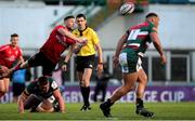 30 April 2021; John Cooney of Ulster passes over George Martin of Leicester Tigers during the Heineken Challenge Cup semi-final match between Leicester Tigers and Ulster at Welford Road in Leicester, England. Photo by Matt Impey/Sportsfile