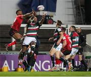 30 April 2021; Robert Baloucoune of Ulster and Nemani Nadolo of Leicester Tigers contest a high ball during the Heineken Challenge Cup semi-final match between Leicester Tigers and Ulster at Welford Road in Leicester, England. Photo by Matt Impey/Sportsfile