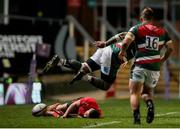 30 April 2021; John Cooney of Ulster goes down after being caught by Nemani Nadolo of Leicester Tigers before leaving the pitch for a HIA during the Heineken Challenge Cup semi-final match between Leicester Tigers and Ulster at Welford Road in Leicester, England. Photo by Matt Impey/Sportsfile