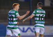 30 April 2021; Rory Gaffney, left, is congratulated by Shamrock Rovers teammate Gary O'Neill after scoring his side's first goal during the SSE Airtricity League Premier Division match between Finn Harps and Shamrock Rovers at Finn Park in Ballybofey, Donegal. Photo by Stephen McCarthy/Sportsfile