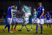 30 April 2021; Rory Gaffney, centre, is congratulated by Shamrock Rovers teammates Aaron Greene, left ,and Sean Hoare after scoring his side's first goal during the SSE Airtricity League Premier Division match between Finn Harps and Shamrock Rovers at Finn Park in Ballybofey, Donegal. Photo by Stephen McCarthy/Sportsfile