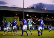 30 April 2021; Sean Hoare of Shamrock Rovers heads his side's second goal during the SSE Airtricity League Premier Division match between Finn Harps and Shamrock Rovers at Finn Park in Ballybofey, Donegal. Photo by Stephen McCarthy/Sportsfile
