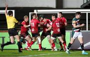 30 April 2021; Nick Timoney of Ulster, centre, is congratulated by teammates after scoring their side's third try during the Heineken Challenge Cup semi-final match between Leicester Tigers and Ulster at Welford Road in Leicester, England. Photo by Matt Impey/Sportsfile