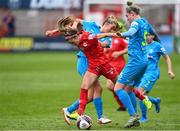 1 May 2021; Jamie Finn of Shelbourne is tackled by Ella O'Connell, left, and Jess Gleeson of DLR Waves during the SSE Airtricity Women's National League match between Shelbourne and DLR Waves at Tolka Park in Dublin. Photo by Eóin Noonan/Sportsfile