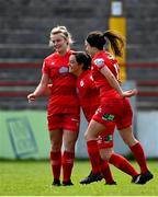 1 May 2021; Noelle Murray of Shelbourne, centre, celebrates with team-mates Saoirse Noonan, left, and Ciara Grant after scoring her side's second goal during the SSE Airtricity Women's National League match between Shelbourne and DLR Waves at Tolka Park in Dublin. Photo by Eóin Noonan/Sportsfile