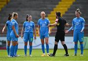 1 May 2021; DLR Waves players remonstrate with referee Mark Moynihan after he awarded a penalty to Shelbourne during the SSE Airtricity Women's National League match between Shelbourne and DLR Waves at Tolka Park in Dublin. Photo by Eóin Noonan/Sportsfile