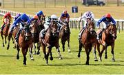 1 May 2021; Poetic Flare, with Kevin Manning up, second from right, leads, from left, Master Of The Seas, with William Buick up, who finished second, Lucky Vega, with Shane Foley up, who finished third, and Van Gough, with Seamie Heffernan up, who finished eighth, on their way to winning the Qipco 2000 Guineas Stakes at Newmarket Racecourse in Newmarket, England. Hugh Routledge /Sportsfile