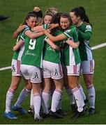 1 May 2021; Christina Dring, 9, of Cork City celebrates with teammates after scoring her side's second goal during the SSE Airtricity Women's National League match between Athlone Town and Cork City at Athlone Town Stadium in Athlone, Westmeath. Photo by Ramsey Cardy/Sportsfile