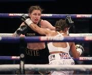 1 May 2021; Katie Taylor, left, in action against Natasha Jonas during their WBC, WBA, IBF and WBO female lightweight title fight  at the Manchester Arena in Manchester, England. Photo by Mark Robinson / Matchroom Boxing via Sportsfile