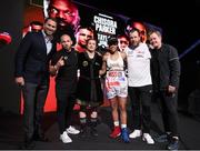 1 May 2021; Katie Taylor and Natasha Jonas, with, from left to right, promoter Eddie Hearn, Katie Taylor's trainer Ross Enamait, Natasha Jonas' trainer Joe Gallagher, and Katie Taylor's manager Brian Peters, following their WBC, WBA, IBF and WBO female lightweight title fight at the Manchester Arena in Manchester, England. Photo by Mark Robinson / Matchroom Boxing via Sportsfile