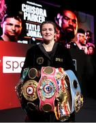 1 May 2021; Katie Taylor with her belts after defeating Natasha Jonas in their WBC, WBA, IBF and WBO female lightweight title fight at the Manchester Arena in Manchester, England. Photo by Mark Robinson / Matchroom Boxing via Sportsfile