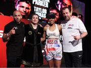 1 May 2021; Katie Taylor and Natasha Jonas, with their trainers Ross Enamait, left, and Joe Gallagher, right, following their WBC, WBA, IBF and WBO female lightweight title fight at the Manchester Arena in Manchester, England. Photo by Mark Robinson / Matchroom Boxing via Sportsfile