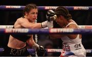 1 May 2021; Katie Taylor, left, and Natasha Jonas during their WBC, WBA, IBF and WBO female lightweight title fight at the Manchester Arena in Manchester, England. Photo by Mark Robinson / Matchroom Boxing via Sportsfile