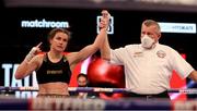 1 May 2021; Katie Taylor is declared the winner following her  WBC, WBA, IBF and WBO female lightweight title fight against Natasha Jonas at the Manchester Arena in Manchester, England. Photo by Mark Robinson / Matchroom Boxing via Sportsfile