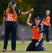 2 May 2021; Ashlee King of Scorchers, right, is congratulated by teammate Leah Paul after fielding the ball during the Arachas Super 50 Cup 2021 match between Typhoons and Scorchers at Pembroke Cricket Club in Dublin. Photo by Seb Daly/Sportsfile