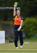 2 May 2021; Scorchers wicketkeeper Shauna Kavanagh celebrates claiming the wicket of Typhoons Rebecca Stokell during the Arachas Super 50 Cup 2021 match between Typhoons and Scorchers at Pembroke Cricket Club in Dublin. Photo by Seb Daly/Sportsfile