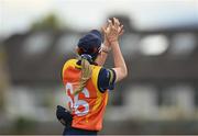 2 May 2021; Gaby Lewis of Scorchers catches Celeste Raack of Typhoons in the outfield during the Arachas Super 50 Cup 2021 match between Typhoons and Scorchers at Pembroke Cricket Club in Dublin. Photo by Seb Daly/Sportsfile