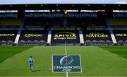 2 May 2021; Ross Byrne of Leinster runs out to earn his 100th cap for Leinster in front of an empty stadium before the start of the Heineken Champions Cup semi-final match between La Rochelle and Leinster at Stade Marcel Deflandre in La Rochelle, France. Photo by Julien Poupart/Sportsfile