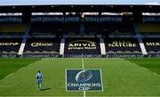 2 May 2021; Ross Byrne of Leinster runs out to earn his 100th cap for Leinster in front of an empty stadium before the start of the Heineken Champions Cup semi-final match between La Rochelle and Leinster at Stade Marcel Deflandre in La Rochelle, France. Photo by Julien Poupart/Sportsfile