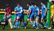 2 May 2021; Tadhg Furlong of Leinster, left, is congratulated by team-mates after scoring their side's first try during the Heineken Champions Cup semi-final match between La Rochelle and Leinster at Stade Marcel Deflandre in La Rochelle, France. Photo by Julien Poupart/Sportsfile