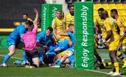 2 May 2021; Referee Matthew Carley signals Leinster's first try, scored by Tadhg Furlong not pictured, during the Heineken Champions Cup semi-final match between La Rochelle and Leinster at Stade Marcel Deflandre in La Rochelle, France. Photo by Julien Poupart/Sportsfile