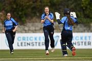 2 May 2021; Georgina Dempsey of Typhoons, centre, and wicketkeeper Amy Hunter, right, celebrate the wicket of Scorchers' Leah Paul during the Arachas Super 50 Cup 2021 match between Typhoons and Scorchers at Pembroke Cricket Club in Dublin. Photo by Seb Daly/Sportsfile