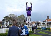 2 May 2021; Jockey Frankie Dettori celebrates after riding Mother Earth to victory in the Qipco 1000 Guineas Stakes at Newmarket Racecourse in Newmarket, England. Hugh Routledge/Sportsfile