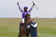 2 May 2021; Jockey Frankie Dettori celebrates after riding Mother Earth to victory in the Qipco 1000 Guineas Stakes at Newmarket Racecourse in Newmarket, England. Hugh Routledge/Sportsfile