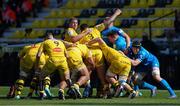 2 May 2021; Leinster players Rónan Kelleher, Cian Healy of Leinster and Ryan Baird during a scrum with the La Rochelle pack during the Heineken Champions Cup semi-final match between La Rochelle and Leinster at Stade Marcel Deflandre in La Rochelle, France. Photo by Julien Poupart/Sportsfile