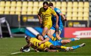 2 May 2021; Raymond Rhule of La Rochelle is tackled by Jordan Larmour of Leinster during the Heineken Champions Cup semi-final match between La Rochelle and Leinster at Stade Marcel Deflandre in La Rochelle, France. Photo by Julien Poupart/Sportsfile