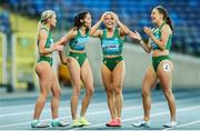 2 May 2021; The Ireland women's relay team, from left, Aoife Lynch, Kate Doherty, Sarah Quinn and Sophie Becker celebrate after finishing second in their 4x200 metre final during the IAAF World Athletics Relays at the Merchant Slaski Stadium in Chorzow, Poland. Photo by Radoslaw Jozwiak/Sportsfile