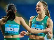 2 May 2021; The Ireland women's relay team, members Sophie Becker, right, and Kate Doherty celebrate after finishing second in their 4x200 metre final during the IAAF World Athletics Relays at the Merchant Slaski Stadium in Chorzow, Poland. Photo by Radoslaw Jozwiak/Sportsfile