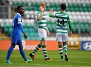 3 May 2021; Rory Gaffney of Shamrock Rovers, left, is congratulated by team-mate Danny Mandroiu after scoring their side's first goal during the SSE Airtricity League Premier Division match between Shamrock Rovers and Waterford at Tallaght Stadium in Dublin. Photo by Seb Daly/Sportsfile