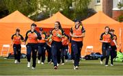 2 May 2021; Scorchers captain Gaby Lewis leads her side out before the Arachas Super 50 Cup 2021 match between Typhoons and Scorchers at Pembroke Cricket Club in Dublin. Photo by Seb Daly/Sportsfile