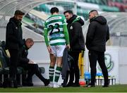 3 May 2021; Neil Farrugia of Shamrock Rovers in conversation with manager Stephen Bradley after leaving the pitch with an injury during the SSE Airtricity League Premier Division match between Shamrock Rovers and Waterford at Tallaght Stadium in Dublin. Photo by Seb Daly/Sportsfile