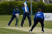 1 May 2021; George Dockrell of Leinster Lightning plays a shot watched by North West Warriors wicketkeeper Stephen Doheny during the Inter-Provincial Cup 2021 match between Leinster Lightning and North West Warriors at Pembroke Cricket Club in Dublin. Photo by Brendan Moran/Sportsfile