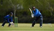 1 May 2021; George Dockrell of Leinster Lightning plays a shot watched by North West Warriors wicketkeeper Stephen Doheny during the Inter-Provincial Cup 2021 match between Leinster Lightning and North West Warriors at Pembroke Cricket Club in Dublin. Photo by Brendan Moran/Sportsfile