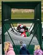 3 May 2021; Jockey Mikey Sheehy speaks with Dylan McMonagle as young punters look on before the AES Bord na Mona Apprentice Handicap at The Curragh Racecourse in Kildare. Photo by Harry Murphy/Sportsfile