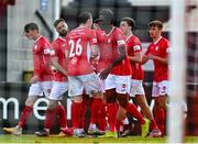 3 May 2021; Jordan Gibson of Sligo Rovers, second from right, celebrates with team-mates after scoring his side's first goal during the SSE Airtricity League Premier Division match between Sligo Rovers and St Patrick's Athletic at The Showgrounds in Sligo. Photo by Eóin Noonan/Sportsfile