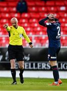 3 May 2021; John Mountney of St Patrick's Athletic reacts as referee Neil Doyle awards a penalty to Sligo Rovers during the SSE Airtricity League Premier Division match between Sligo Rovers and St Patrick's Athletic at The Showgrounds in Sligo. Photo by Eóin Noonan/Sportsfile