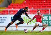 3 May 2021; Jordan Gibson of Sligo Rovers is fouled by Paddy Barrett of St Patrick's Athletic resulting in a penalty to Sligo Rovers during the SSE Airtricity League Premier Division match between Sligo Rovers and St Patrick's Athletic at The Showgrounds in Sligo. Photo by Eóin Noonan/Sportsfile