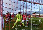 3 May 2021; Sligo Rovers players watch as a headed shot on goal from Ian Bermingham of St Patrick's Athletic goes in during the SSE Airtricity League Premier Division match between Sligo Rovers and St Patrick's Athletic at The Showgrounds in Sligo. Photo by Eóin Noonan/Sportsfile