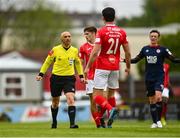 3 May 2021; Referee Neil Doyle with John Mahon of Sligo Rovers during the SSE Airtricity League Premier Division match between Sligo Rovers and St Patrick's Athletic at The Showgrounds in Sligo. Photo by Eóin Noonan/Sportsfile