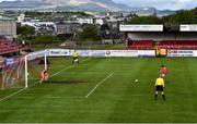 3 May 2021; Jordan Gibson of Sligo Rovers shoots to score his side's first goal from a penalty during the SSE Airtricity League Premier Division match between Sligo Rovers and St Patrick's Athletic at The Showgrounds in Sligo. Photo by Eóin Noonan/Sportsfile