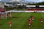 3 May 2021; Jordan Gibson of Sligo Rovers celebrates with team-mates after scoring his side's first goal from a penalty during the SSE Airtricity League Premier Division match between Sligo Rovers and St Patrick's Athletic at The Showgrounds in Sligo. Photo by Eóin Noonan/Sportsfile